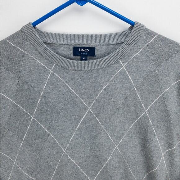 LINCS Silk Cashmere Sweater Men's XL Patch Elbows Crewneck Gray White Diamonds - Picture 2 of 11